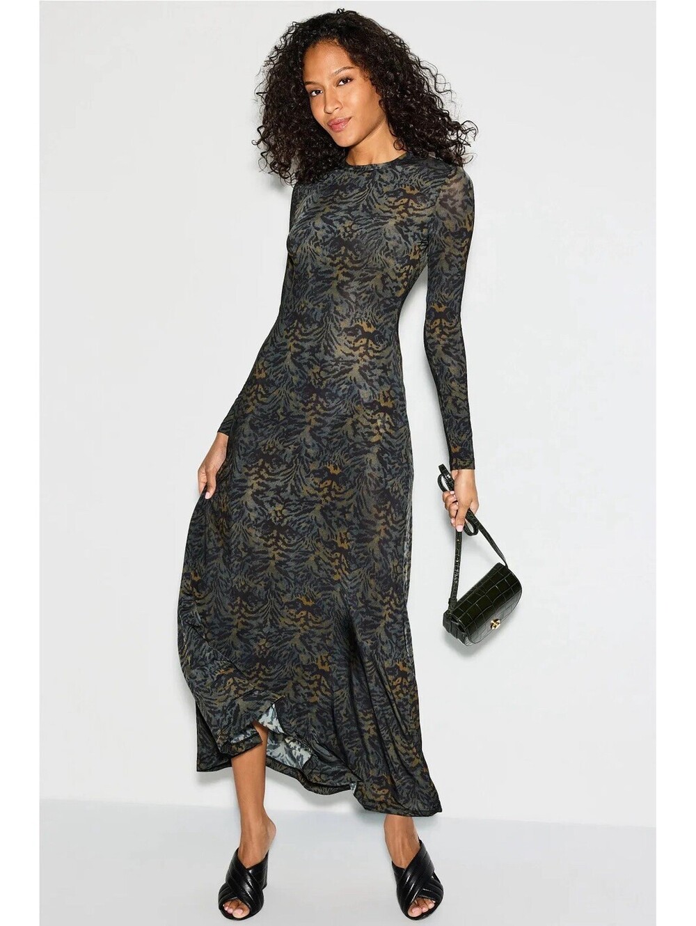 Ulla Johnson Amari Maxi Dress Green Black Jersey Animal Print Sz M (flaw)